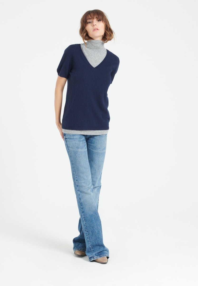 T-shirt col V femme en cachemire bleu marine - LILLY 14