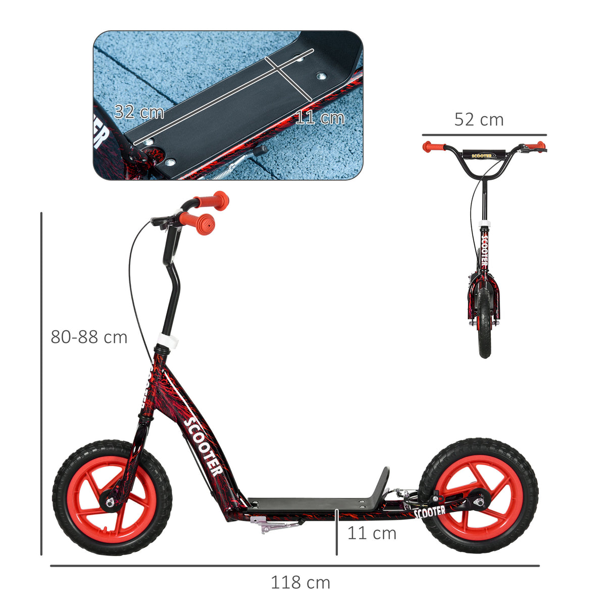 Trottinette patinette scooter enfant grandes roues de 6 à 12 ans hauteur réglable frein arrière béquille rouge