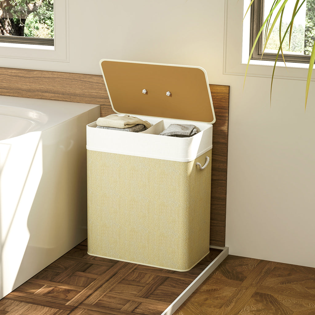 Panier à linge double avec couvercle, panier à linge en bambou 100 L avec poignées en corde