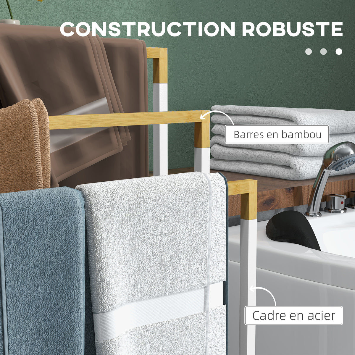 Porte-serviettes en bambou et acier sur pieds avec 3 barres support pour serviette 45 x 22,5 x 86 cm blanc et naturel