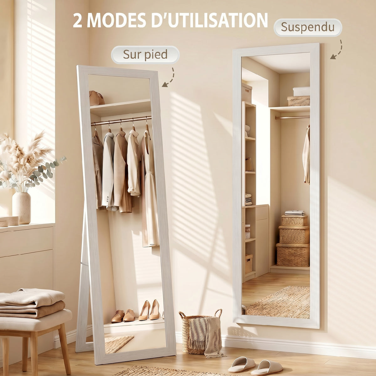 Miroir sur pied mural ou à poser rectangulaire avec cadre en bois pour salon chambre à coucher 37 x 155 cm blanc
