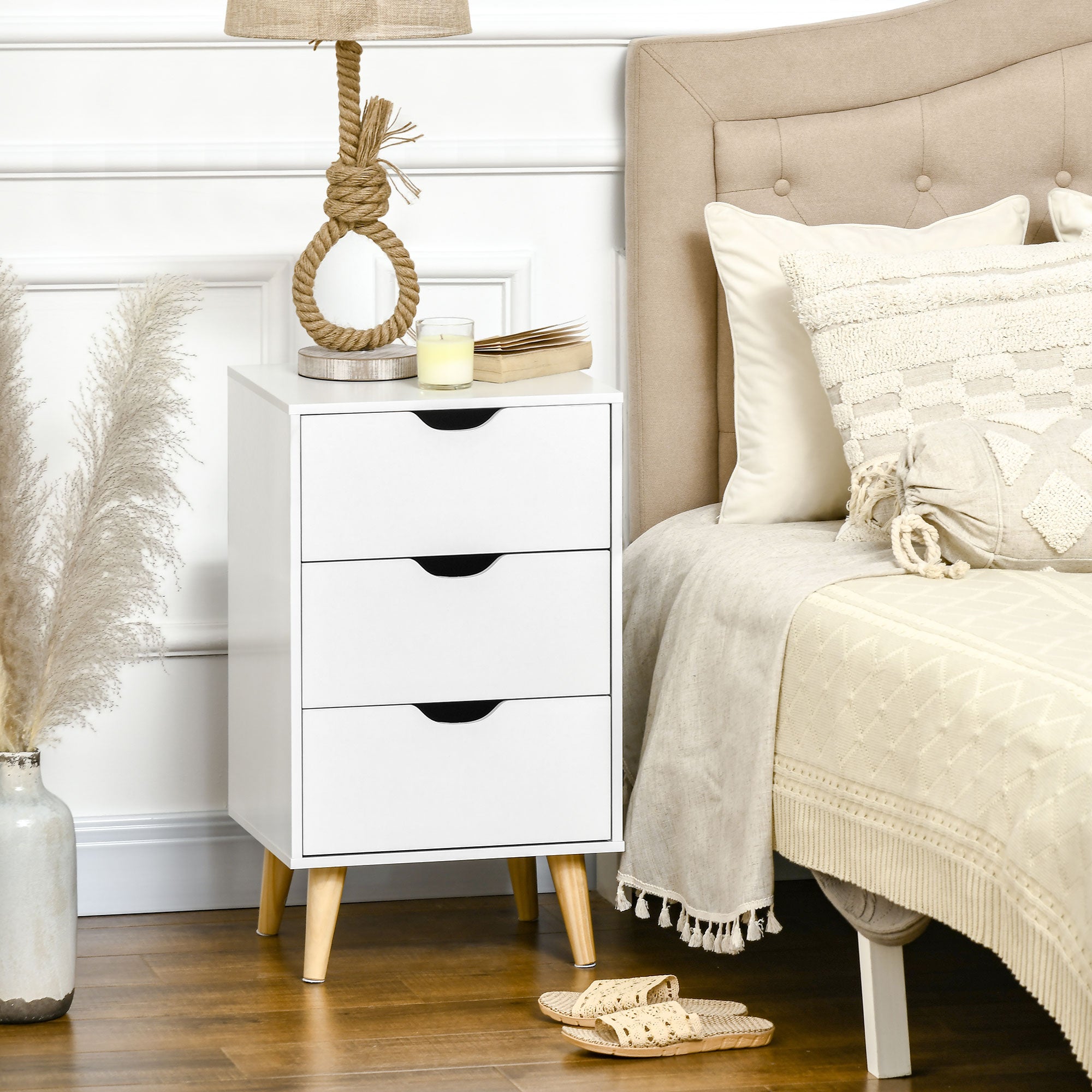 Table de chevet table de nuit avec 3 tiroirs, style scandinave pour chambre à coucher, salon, 40 x 35 x 68,5 cm, blanc
