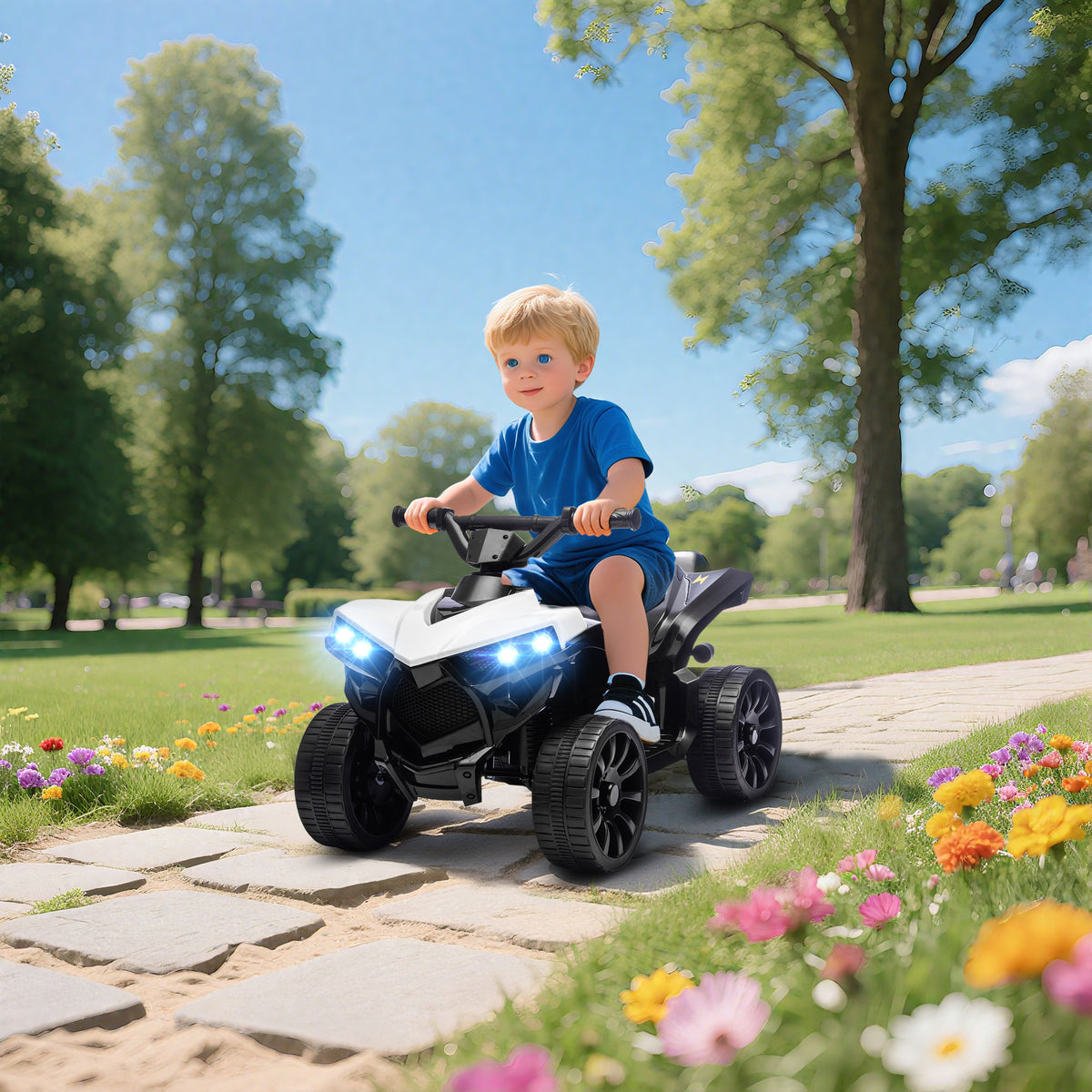 Quad électrique enfant 6V, voiture électrique enfants ATV, musique et phares LED, pour 18-56 mois, 70x42x45cm, blanc