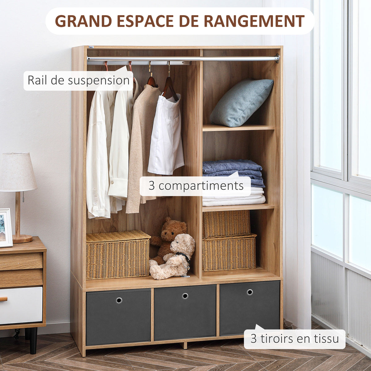 Armoire penderie armoire de rangement avec tringle rideaux 3 tiroirs en tissu amovibles 105 x 48 x 160 cm naturel