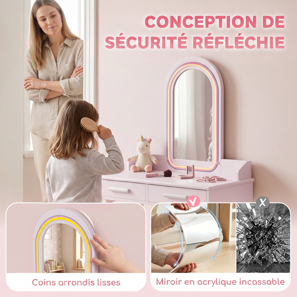 Coiffeuse Enfant en Bois avec Miroir LED 3 Couleurs, Tabouret, Tiroir et Plateau Spacieux, 60x36x100cm, 3 à 8 Ans, Rose