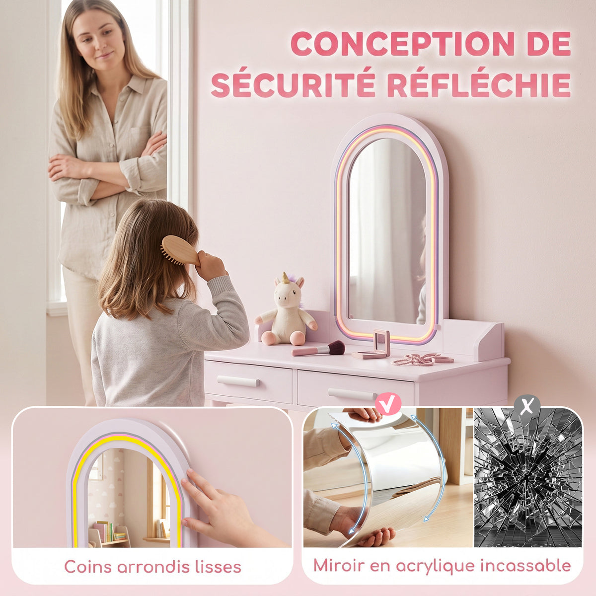 Coiffeuse Enfant en Bois avec Miroir LED 3 Couleurs, Tabouret, Tiroir et Plateau Spacieux, 60x36x100cm, 3 à 8 Ans, Rose