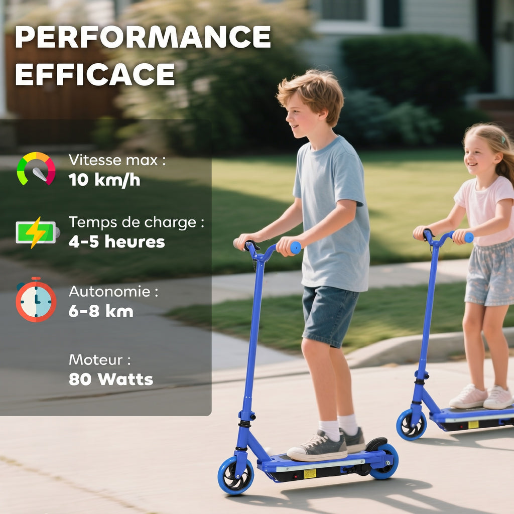 Trottinette électrique pour enfants 6-14 ans, vitesse maximale 10 km/h, lumières LED colorées, frein électrique, bleu