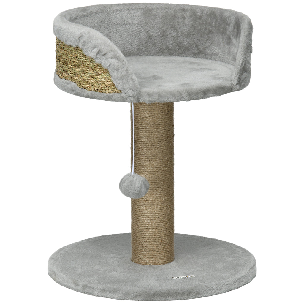 Arbre à chat arbre à grimper grattoir design jeu pompon suspendu + plateforme peluche 40 x 40 x 49 cm jute gris