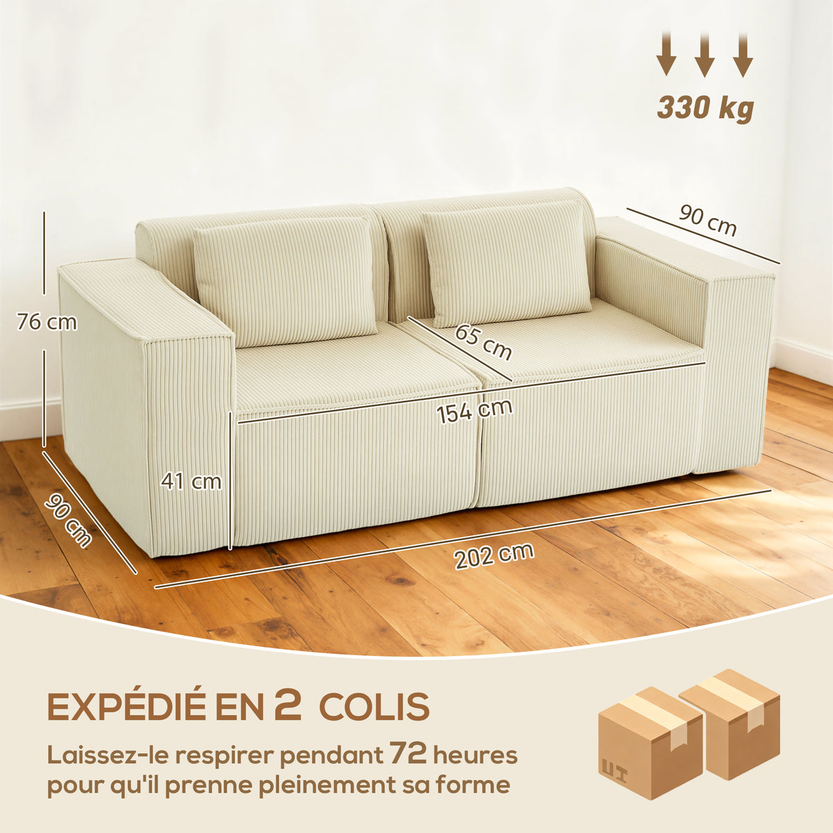 Canapé 3 places en velours côtelé, canapé rembourré, larges accoudoirs, 2 coussins, pas de montage, 202x90x76cm, beige