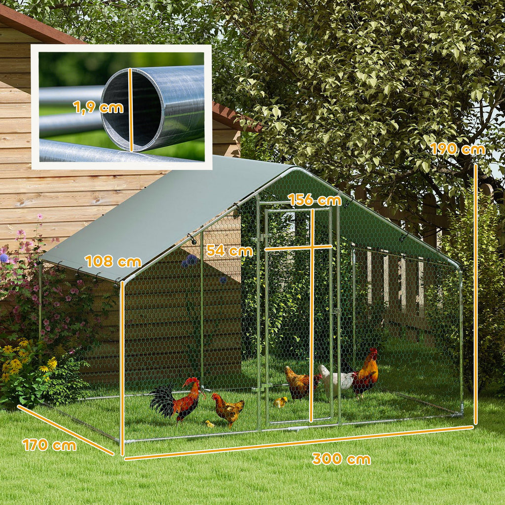 Poulailler, grand poulailler en métal avec couverture imperméable et anti-UV, cage pour 5-8 poules, 3 x 1,7 x 1,9m