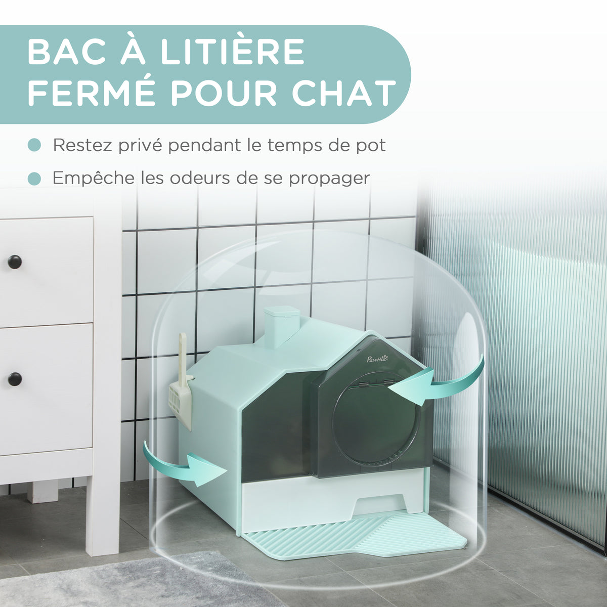 Maison de toilette bac à litière pour chat design maisonnette avec pelle, filtre et tapis dim. 47L x 45l x 42H cm bleu