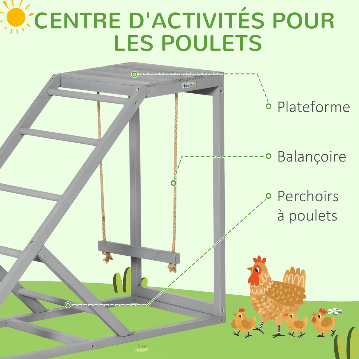 Perchoir en bois pour poule, aire de jeux en bois pour poules avec balançoire, échelle, plateforme, 96 x 40 x 71 cm, gris