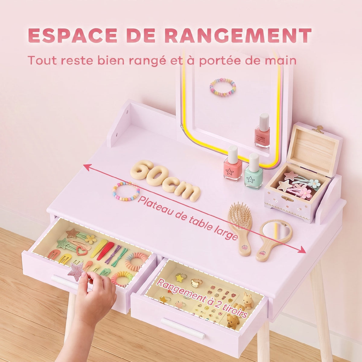 Coiffeuse Enfant en Bois avec Miroir LED 3 Couleurs, Tabouret, Tiroir et Plateau Spacieux, 60x36x100cm, 3 à 8 Ans, Rose