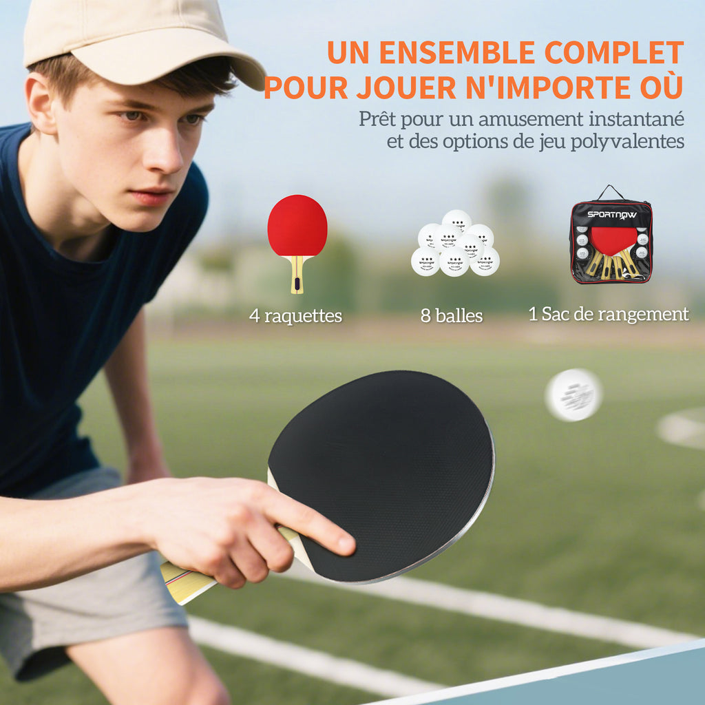 Lot  de 4 raquettes de ping-pong, tennis de table 4 raquettes 8 balles 1 sac pour amateurs débutants experts