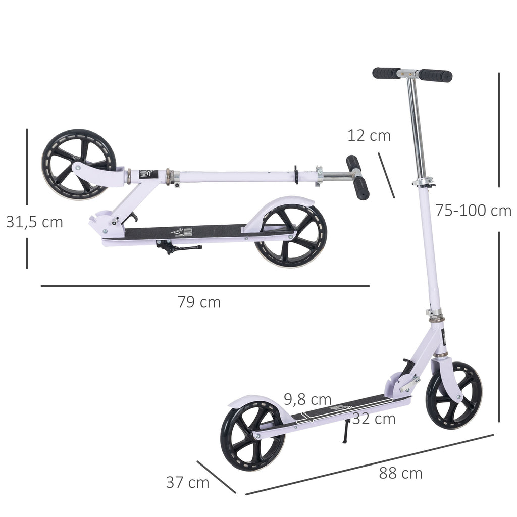 Trottinette Pliable Hauteur Guidon réglable sur 4 Niveaux système de freinage arrière pour enfant adolescent pois max. 100KG dim. 88L x 37l x 75-100H cm Blanc
