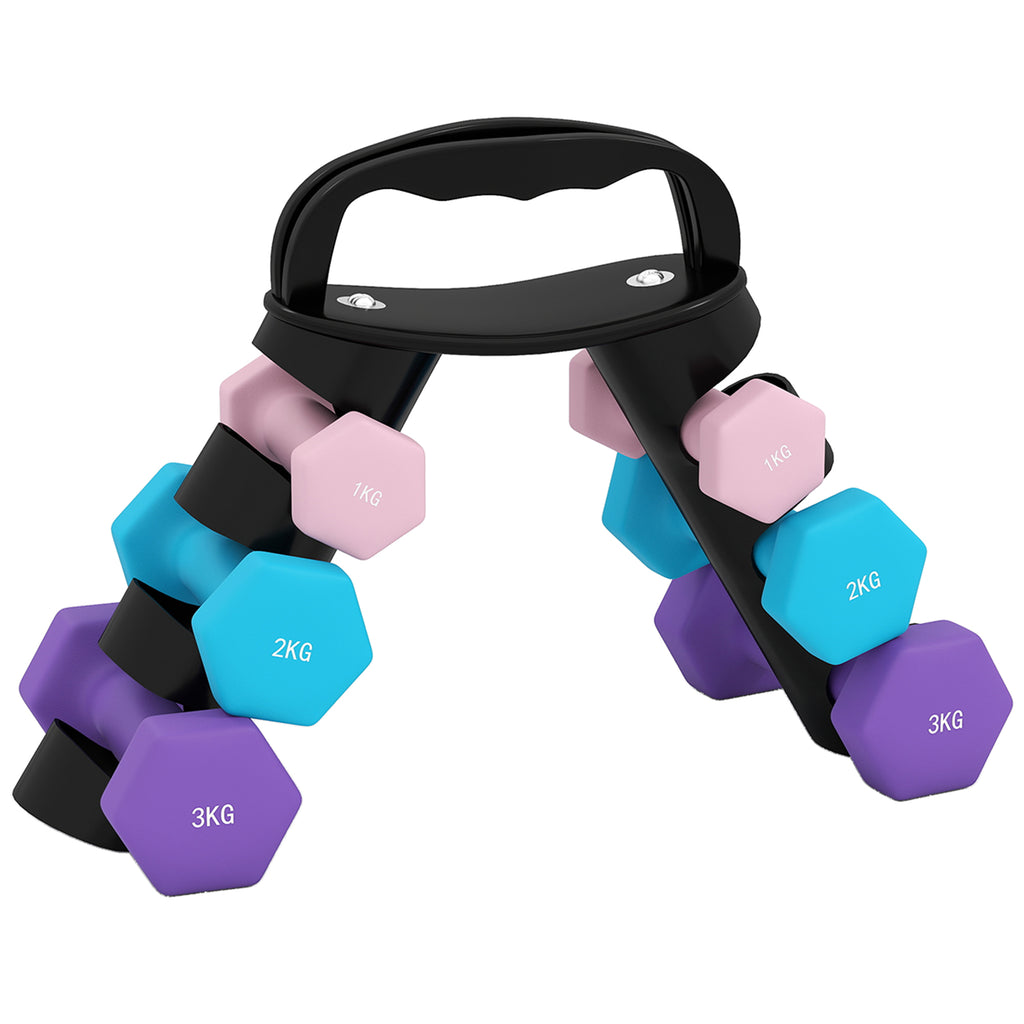 Lot d'haltères hexagonaux, haltères musculation, 2 x 1 kg, 2 x 2 kg, 2 x 3 kg, avec support convertible d'haltères