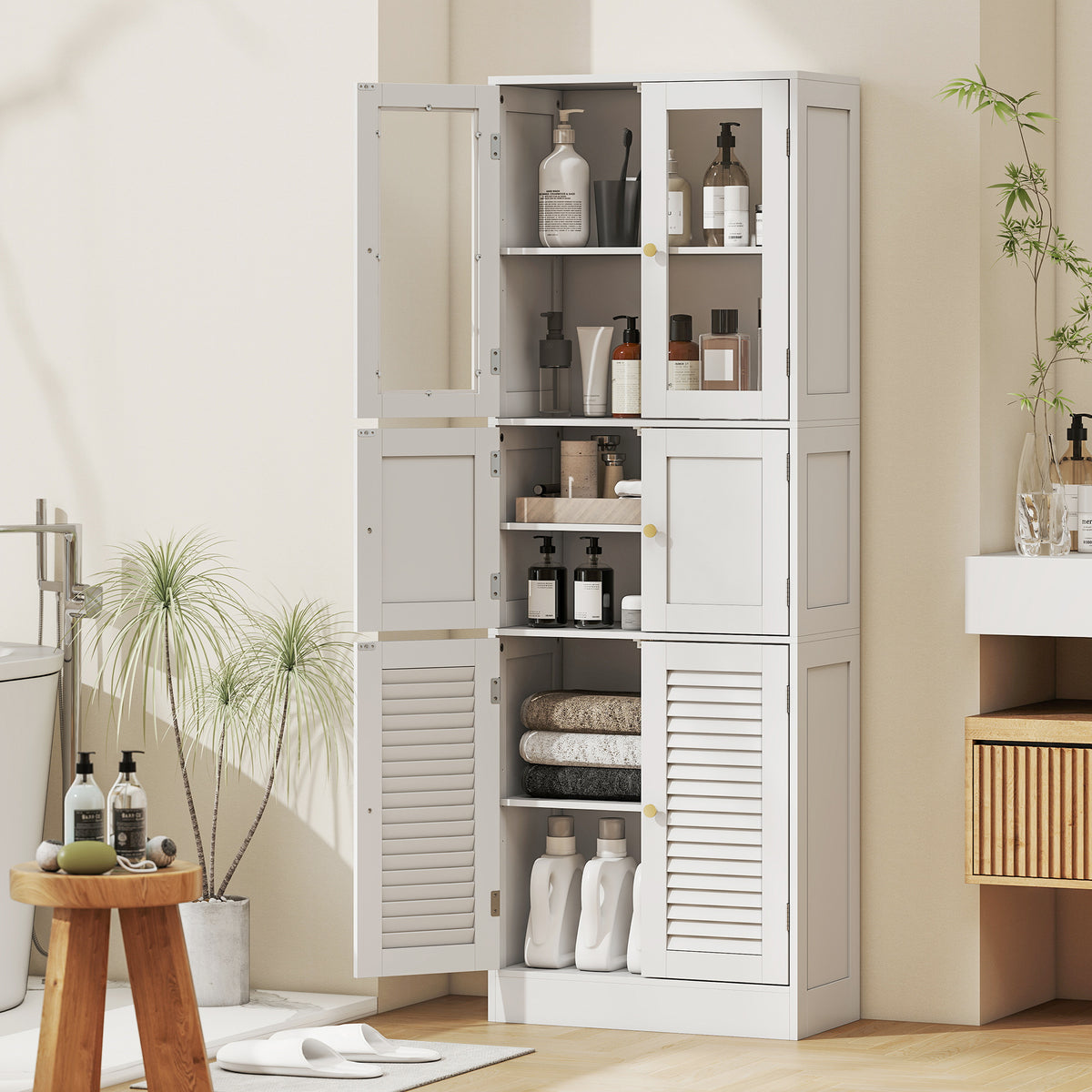Meuble de salle de bain haut, meuble de rangement avec 6 portes dont 2 vitrées et 2 persiennes, étagère réglable, blanc