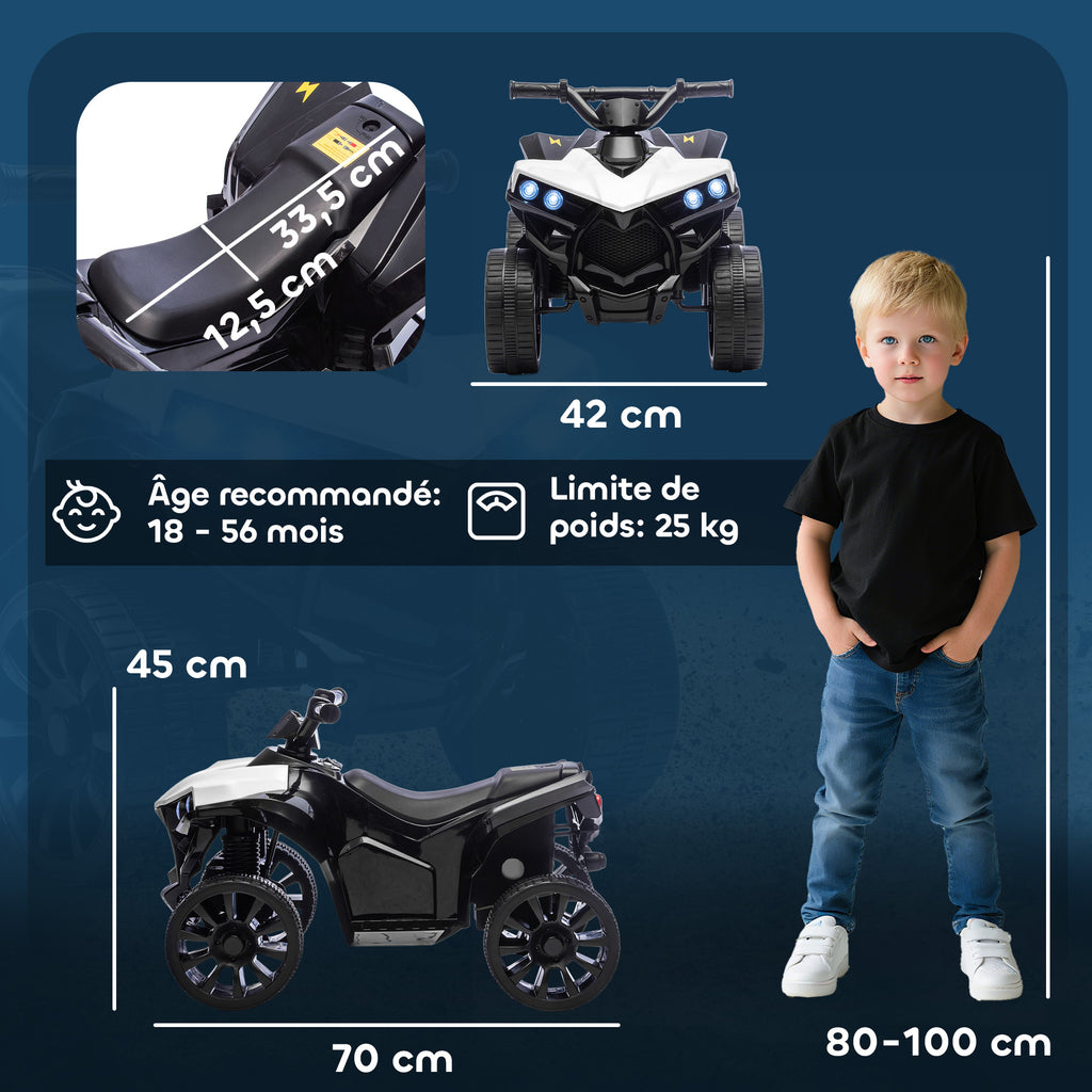 Quad électrique enfant 6V, voiture électrique enfants ATV, musique et phares LED, pour 18-56 mois, 70x42x45cm, blanc