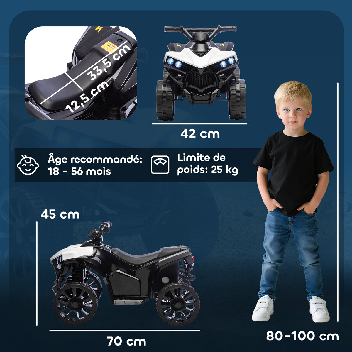 Quad électrique enfant 6V, voiture électrique enfants ATV, musique et phares LED, pour 18-56 mois, 70x42x45cm, blanc