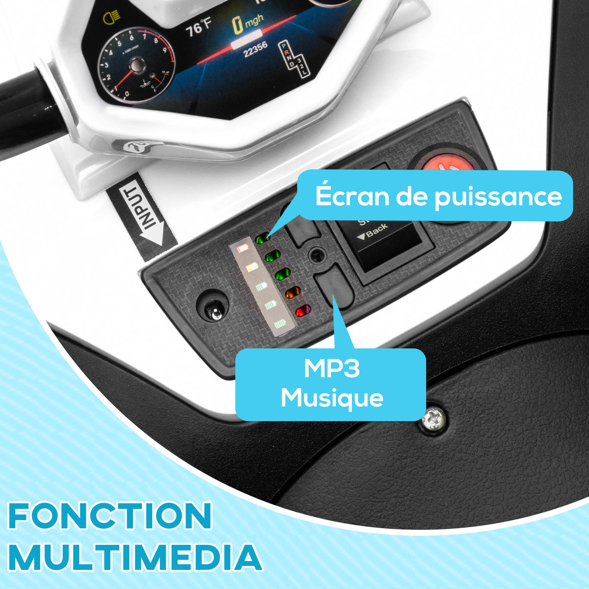 Quad électrique enfant 12 V voiture électrique 2 moteurs marche avant et arrière 37-60 mois 85 x 55,5 x 62 cm blanc