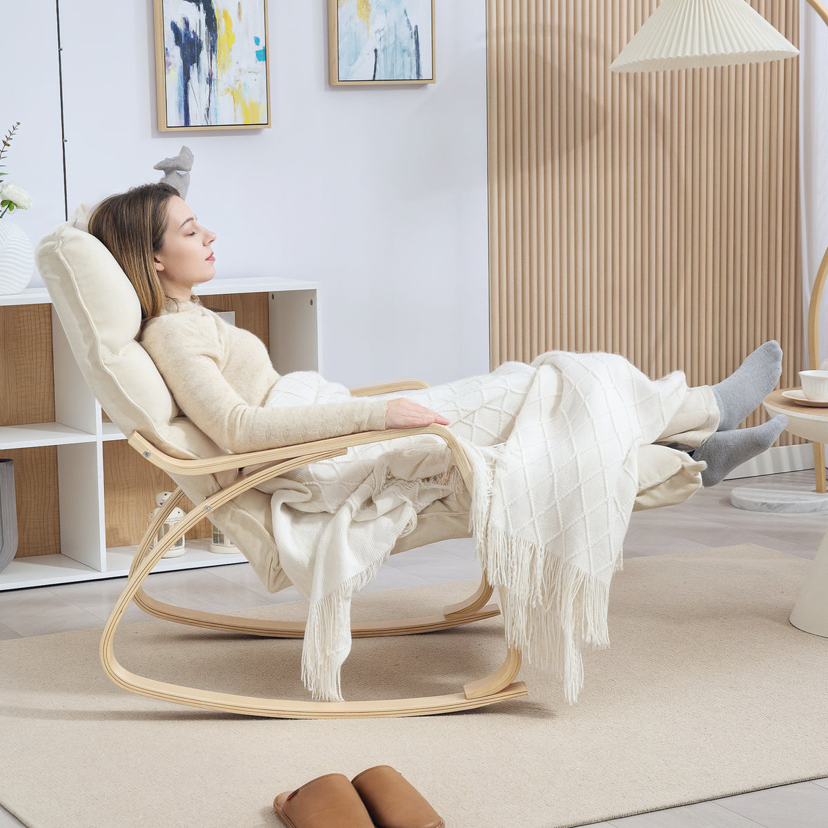 Fauteuil à bascule avec repose-pieds ajustable, rocking chair avec pieds en bois de bouleau, 67 x 106-123 x 92 cm, crème