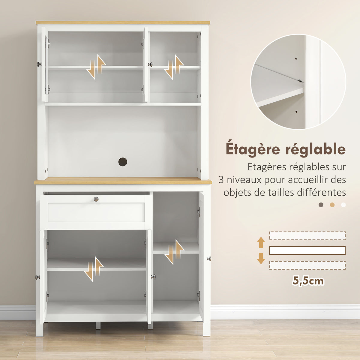 Buffet de cuisine haut 5 portes dont 2 portes vitrées et 1 tiroir, 1 niche centrale - hauteur 180 cm blanc