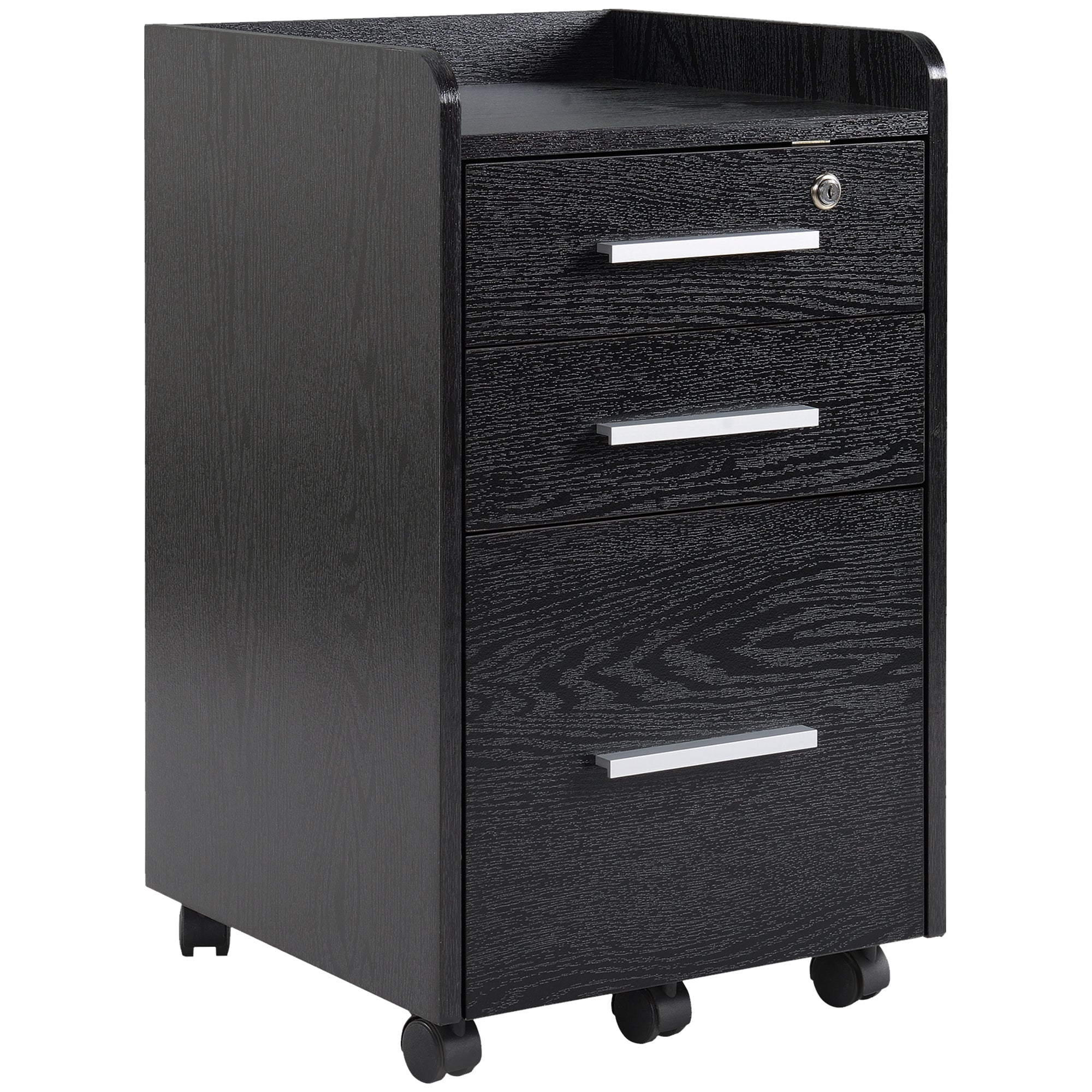 Caisson de bureau rangement bureau sur roulettes 3 tiroirs 1 verrouillable 1 trieur dossiers en bois noir