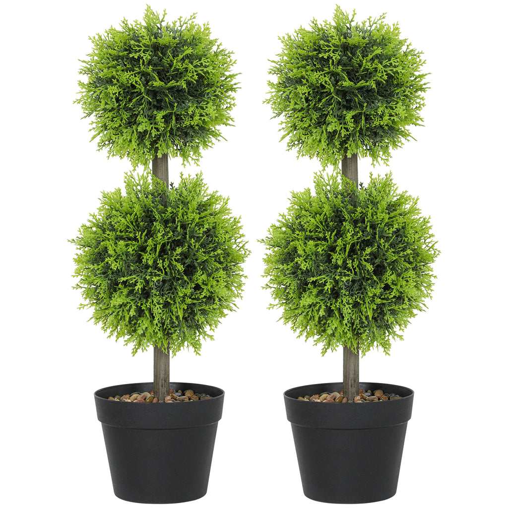 Lot de 2 plantes artificielles décoratives, boules de buis artificiel 60 cm avec pot, plastique, vert