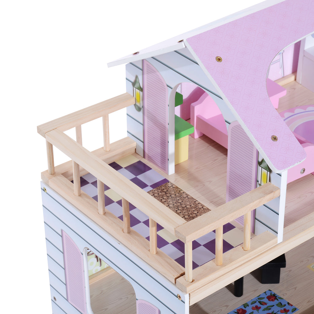 Maison de poupée en Bois Jeu d'imitation 4 Étages pour 3+ ans avec 13 Accessoires Grand réalisme Multi-équipement 60L x 30l x 80H cm Blanc et Rose