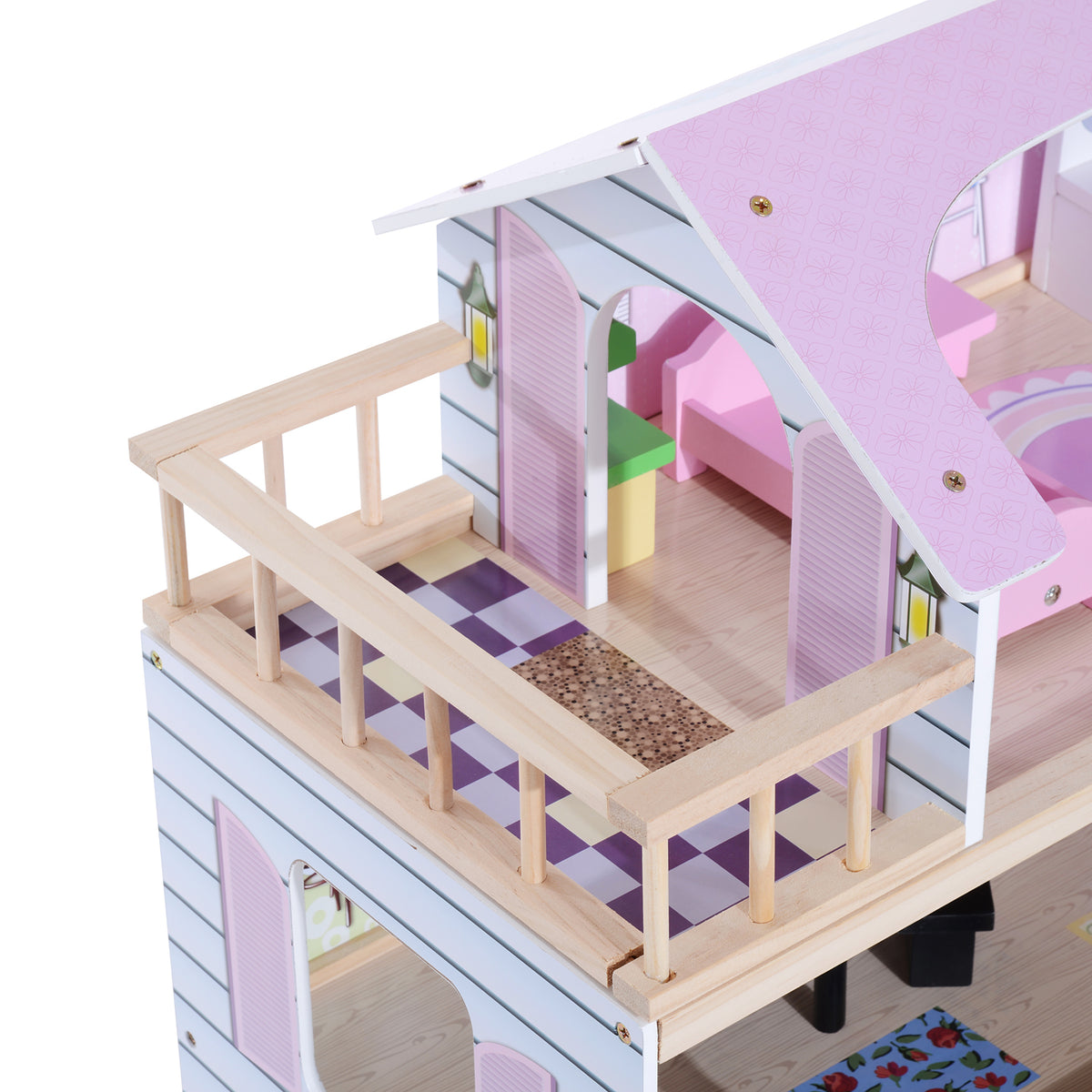Maison de poupée en Bois Jeu d'imitation 4 Étages pour 3+ ans avec 13 Accessoires Grand réalisme Multi-équipement 60L x 30l x 80H cm Blanc et Rose