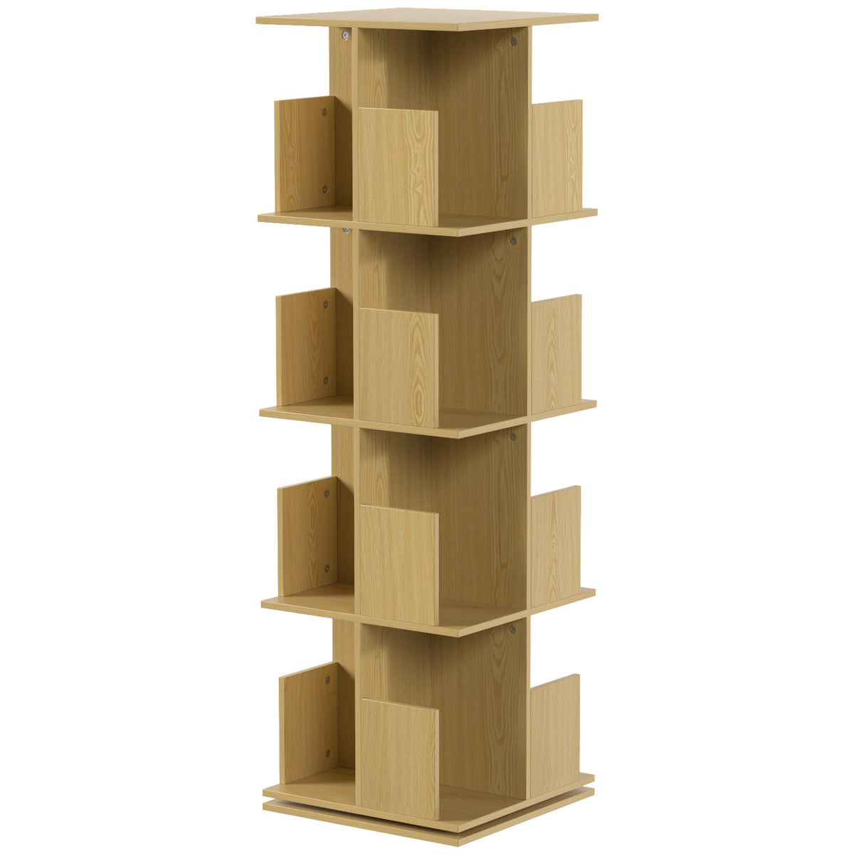 Bibliothèque Rotative à 4 Niveaux, Étagère Rangement avec 16 Compartiments, 39 x 39 x 128,3 cm, Chêne
