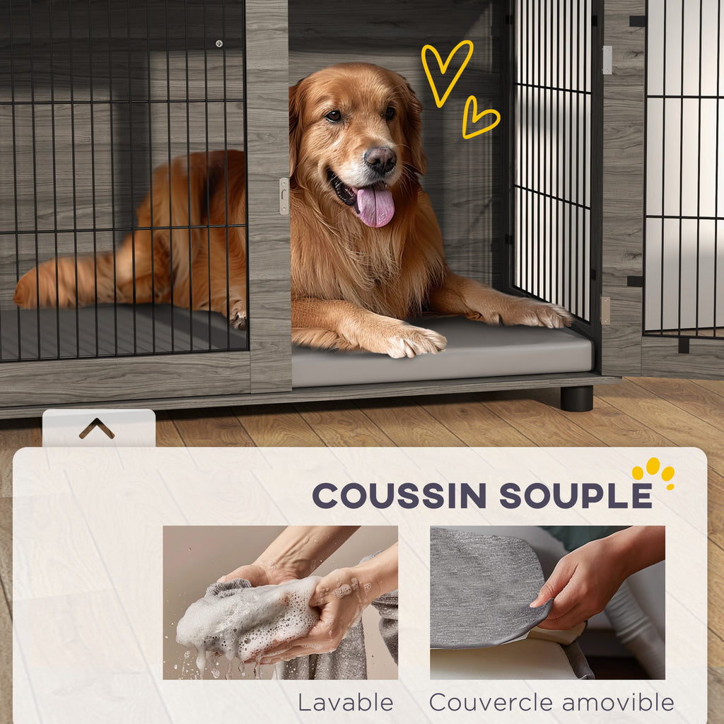 Cage pour chien 2 en 1 table d'appoint avec coussin en peluche déhoussable porte verrouillable 100 x 60 x 73,5 cm gris