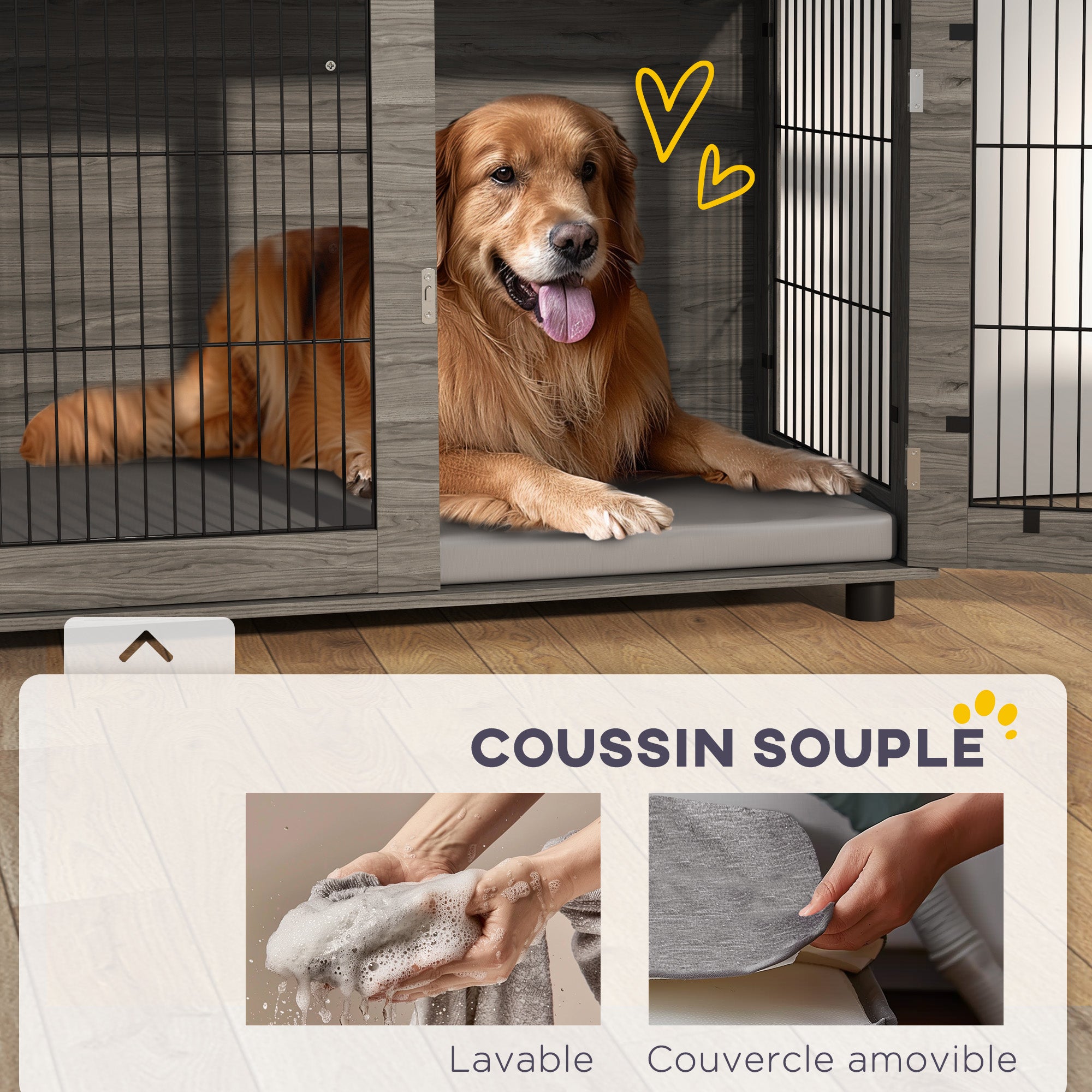 Cage pour chien 2 en 1 table d'appoint avec coussin en peluche déhoussable porte verrouillable 100 x 60 x 73,5 cm gris