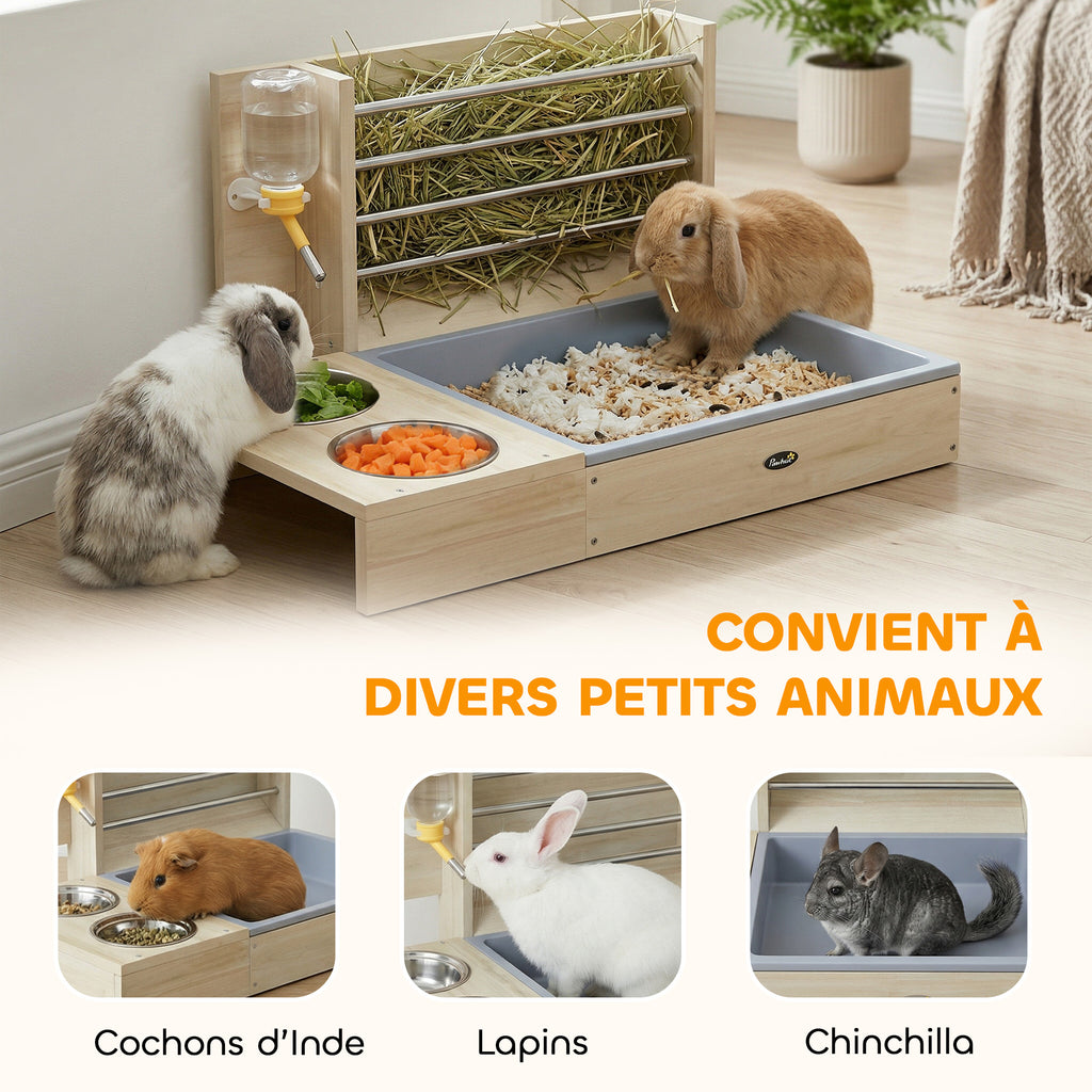 Râtelier à Foin en Bois pour Lapin Mangeoire Lapin 3 en 1 avec Bac à Litière et Bouteille d'Eau 58x40x32cm Bois Naturel
