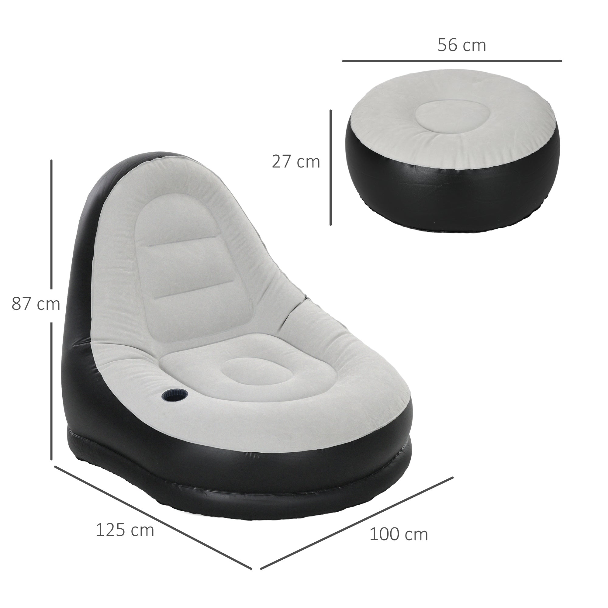 Canapé gonflable et repose-pieds, tissu aspect peluche doux et porte-gobelet, gris