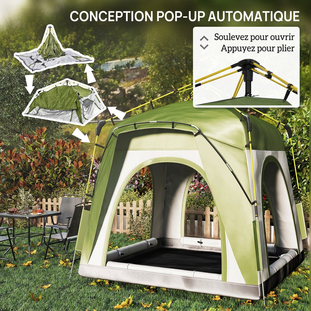 Tente de camping pop-up 3 personnes, dôme familiale avec 4 portes, 4 fenêtres et sac de transport – Vert et gris