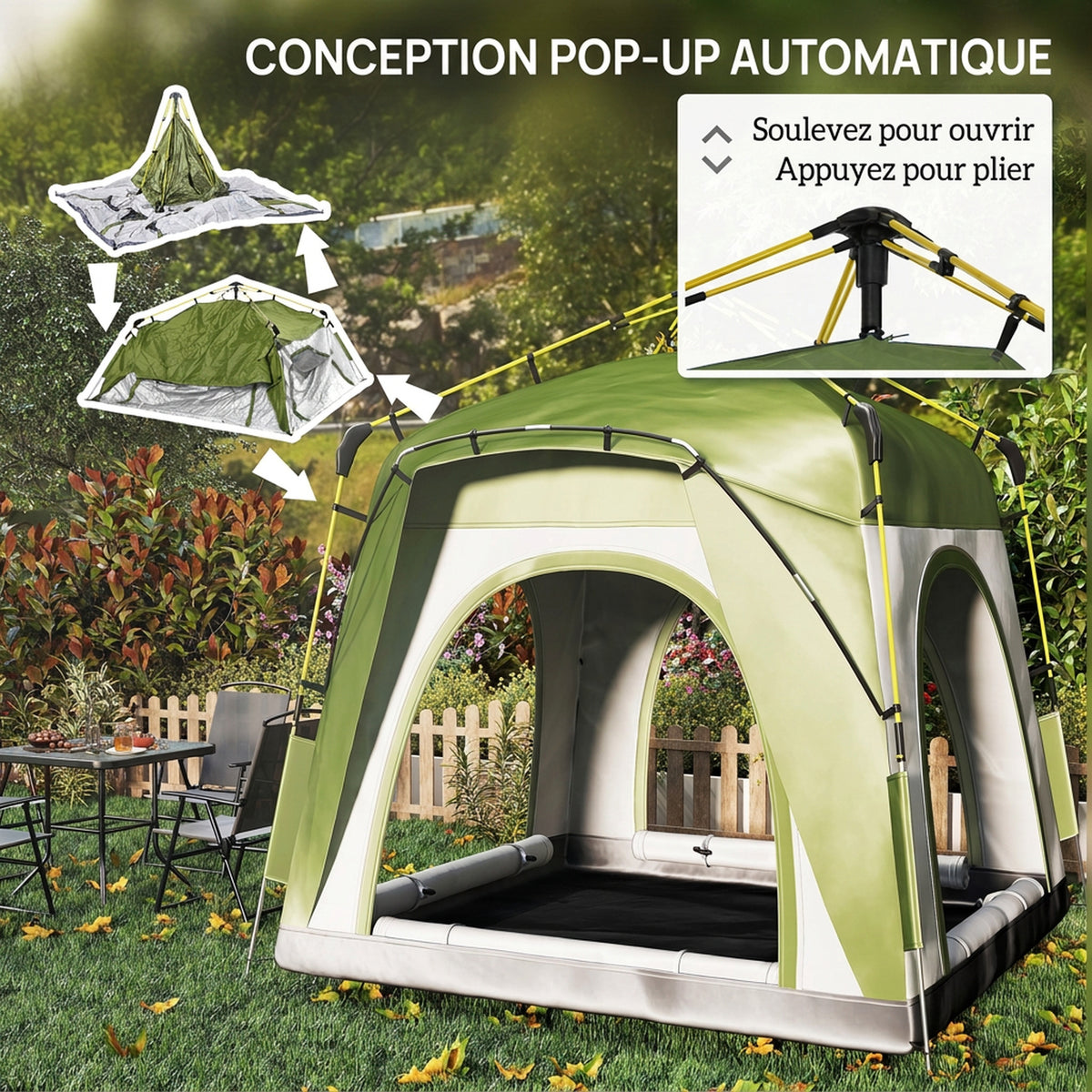 Tente de camping pop-up 3 personnes, dôme familiale avec 4 portes, 4 fenêtres et sac de transport – Vert et gris