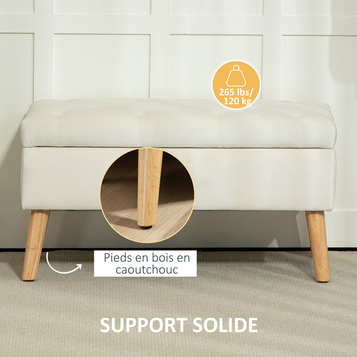 Banc de rangement coffre de rangement tissu effet velours pieds en bois charge max. 120 kg 80 x 35 x 42 cm, crème