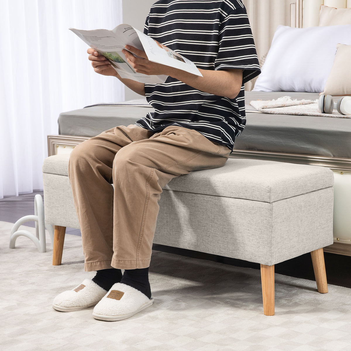 Banc coffre rangement rembourré aspect lin pour chambre à coucher, entrée, salon, charge 220 Kg, 110 x 39 x 45 cm, beige