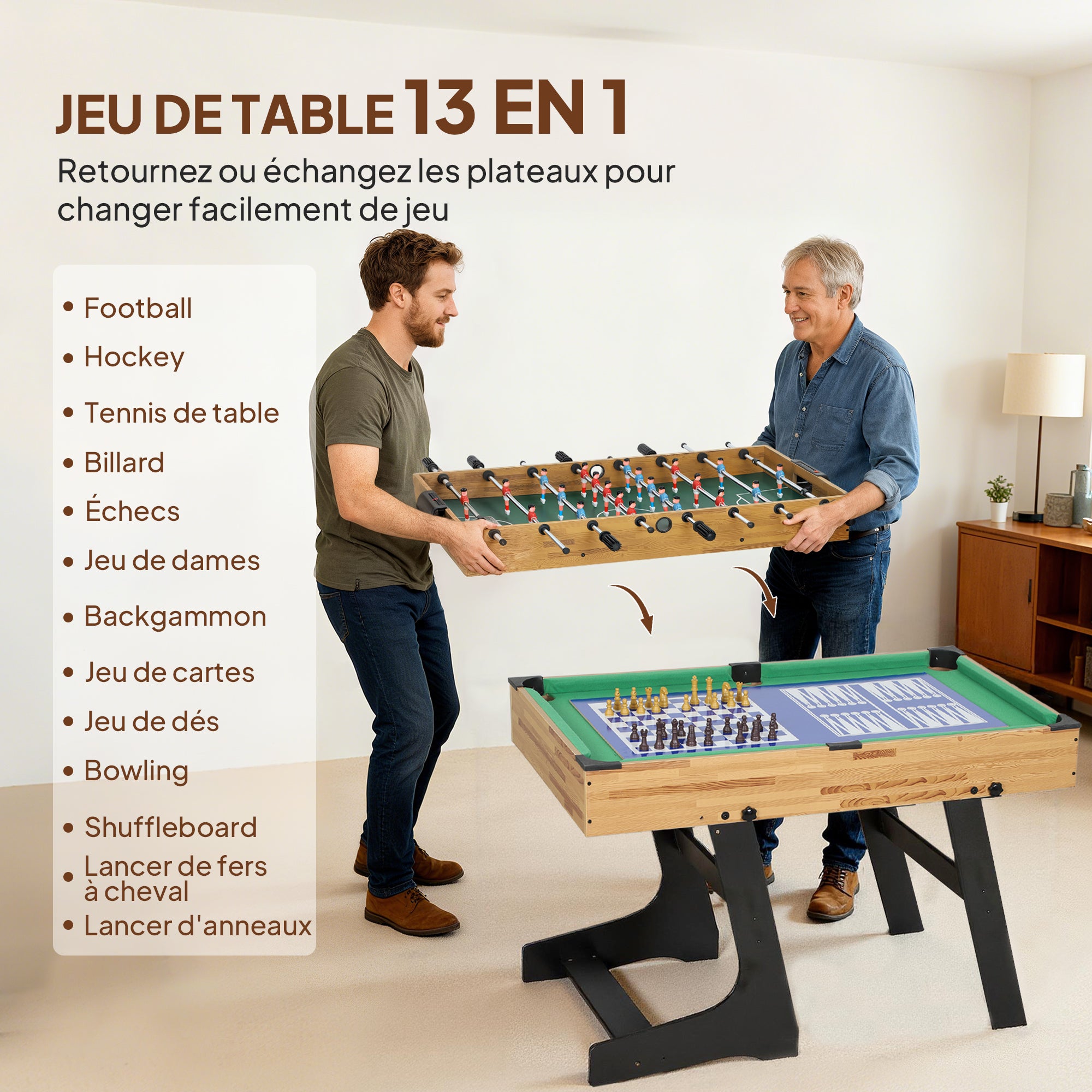 Table multijeux 13 en 1 pliable, table de jeu baby-foot, billard, pour enfants et adultes 120 x 106 x 82 cm noyer clair