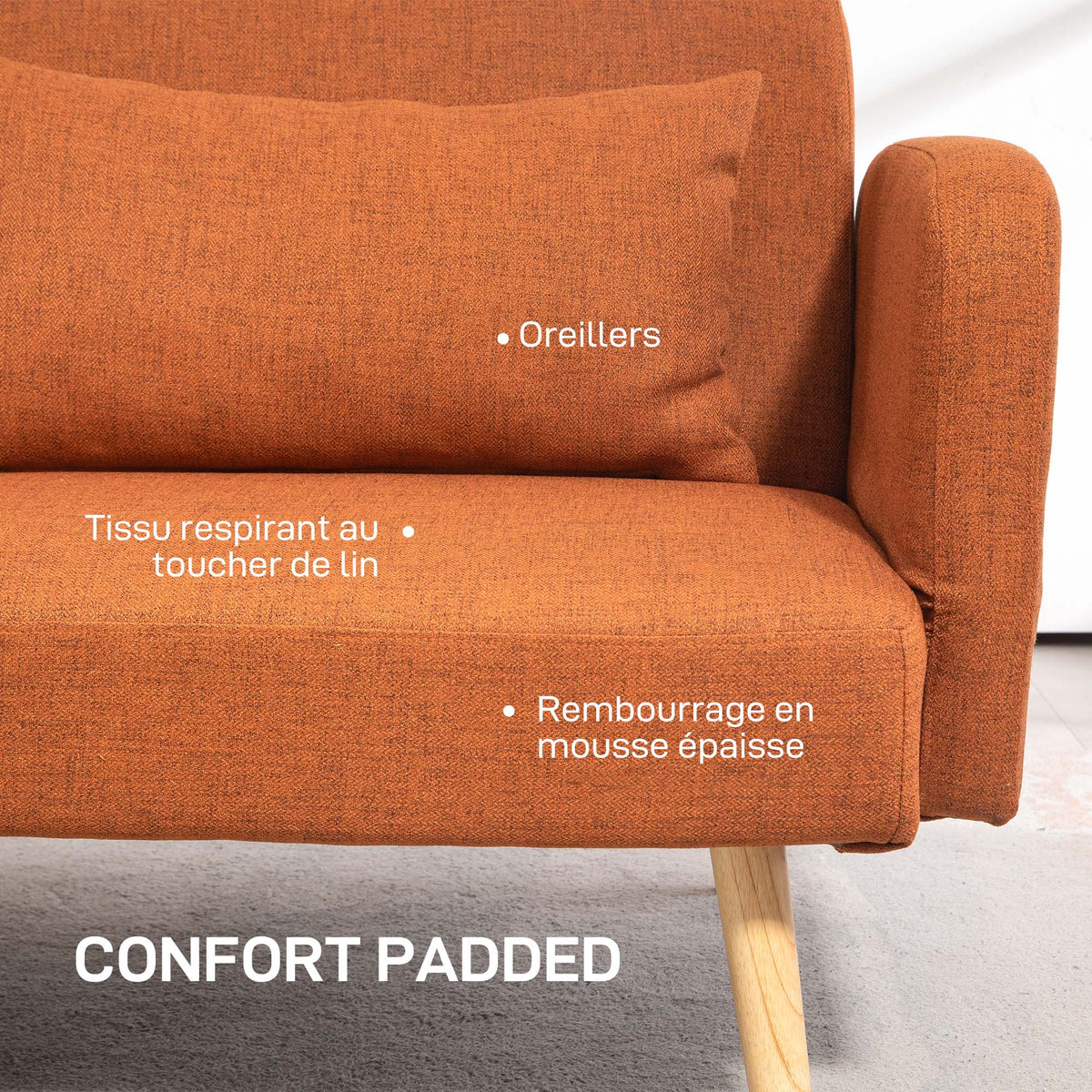 Canapé convertible 3 places design clic clac dossier inclinable et accoudoirs réglables tissu effet lin marron