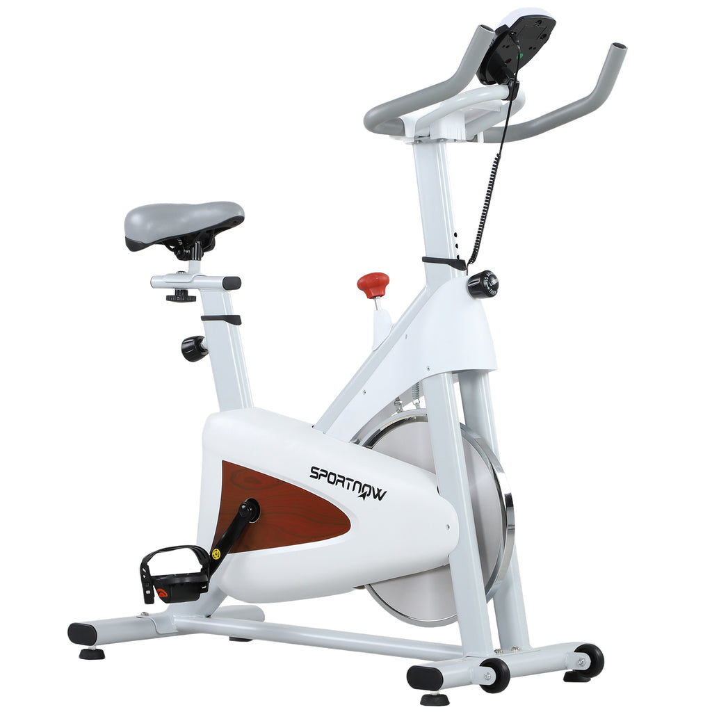 Vélo d'appartement silencieux avec selle et résistance réglables, moniteur LCD, support de tablette, blanc