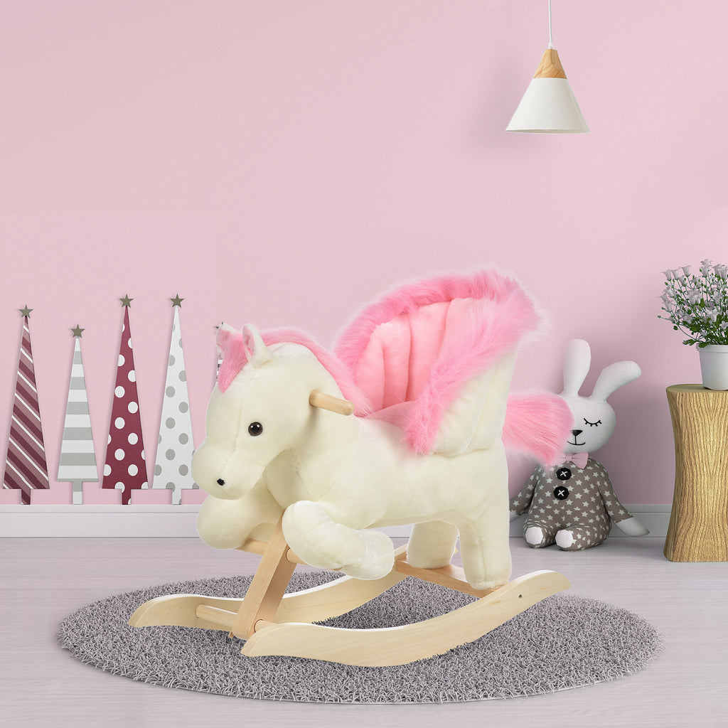 Cheval à Bascule Fonction Musicale Selle Grand Confort Peluche Courte Douce Pour Enfants 18-36 Mois Bois peuplier Blanc et Rose dim. 70L x 28l x 57H cm