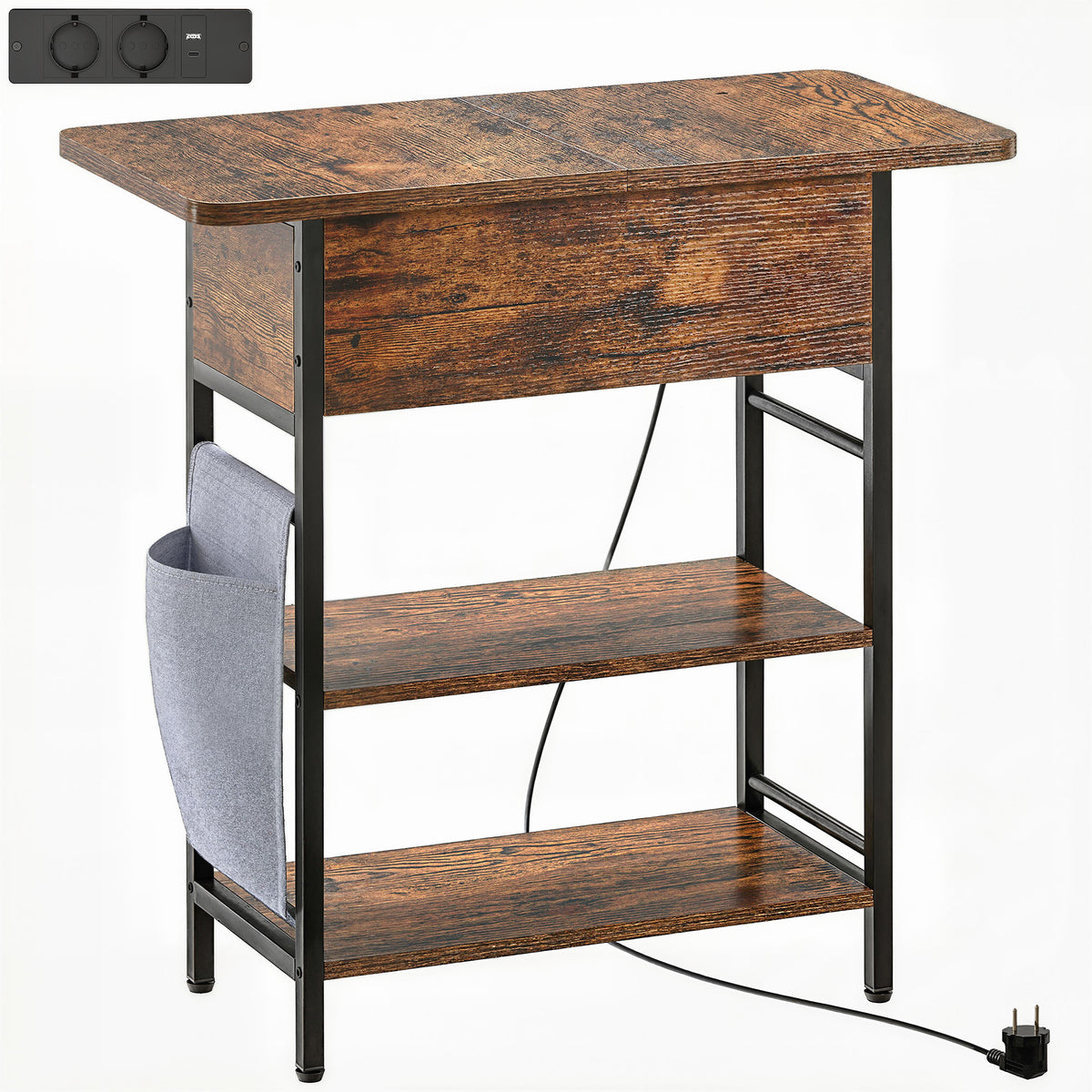 Table d'appoint bout de canapé avec station de charge et sac de rangement, 60 x 29,8 x 58,5 cm, brun rustique
