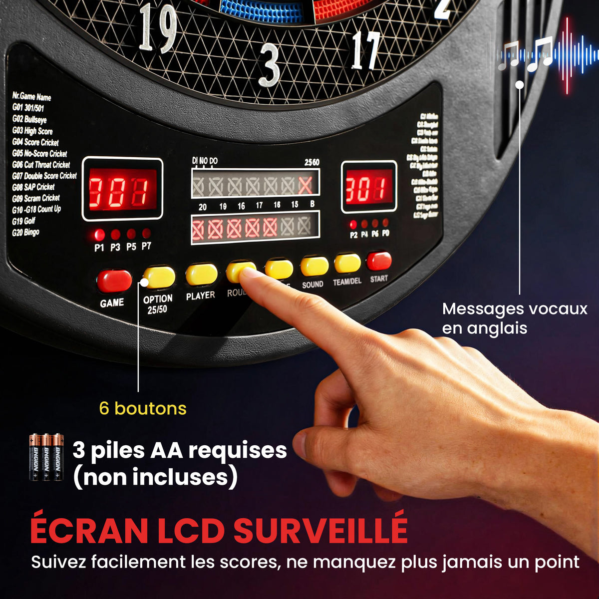 Jeu de fléchettes électronique avec embouts souples, doubles écrans LED, 33 jeux, 202 variations, jusqu'à 8 joueurs