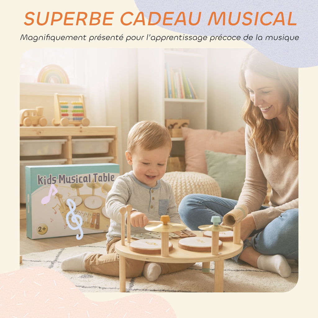 Jeux de Tambours pour Bébé, Tambour bébé avec Xylophone pour Tout-Petits, Instruments de Musique en Bois, Naturel