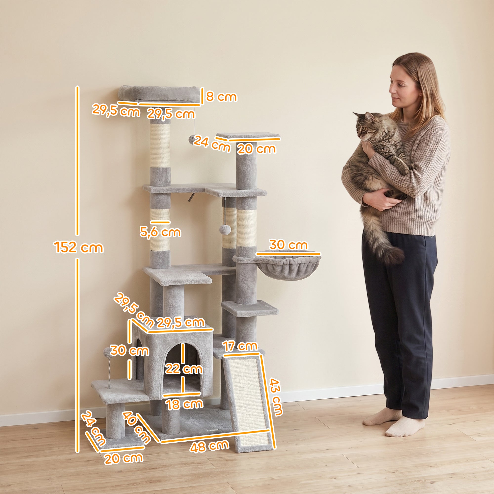 Arbre à Chat 5 niveaux 152cm, Niche, Hamac, Plateforme, Poteaux à Griffer, Balles Suspendues, Gris Clair