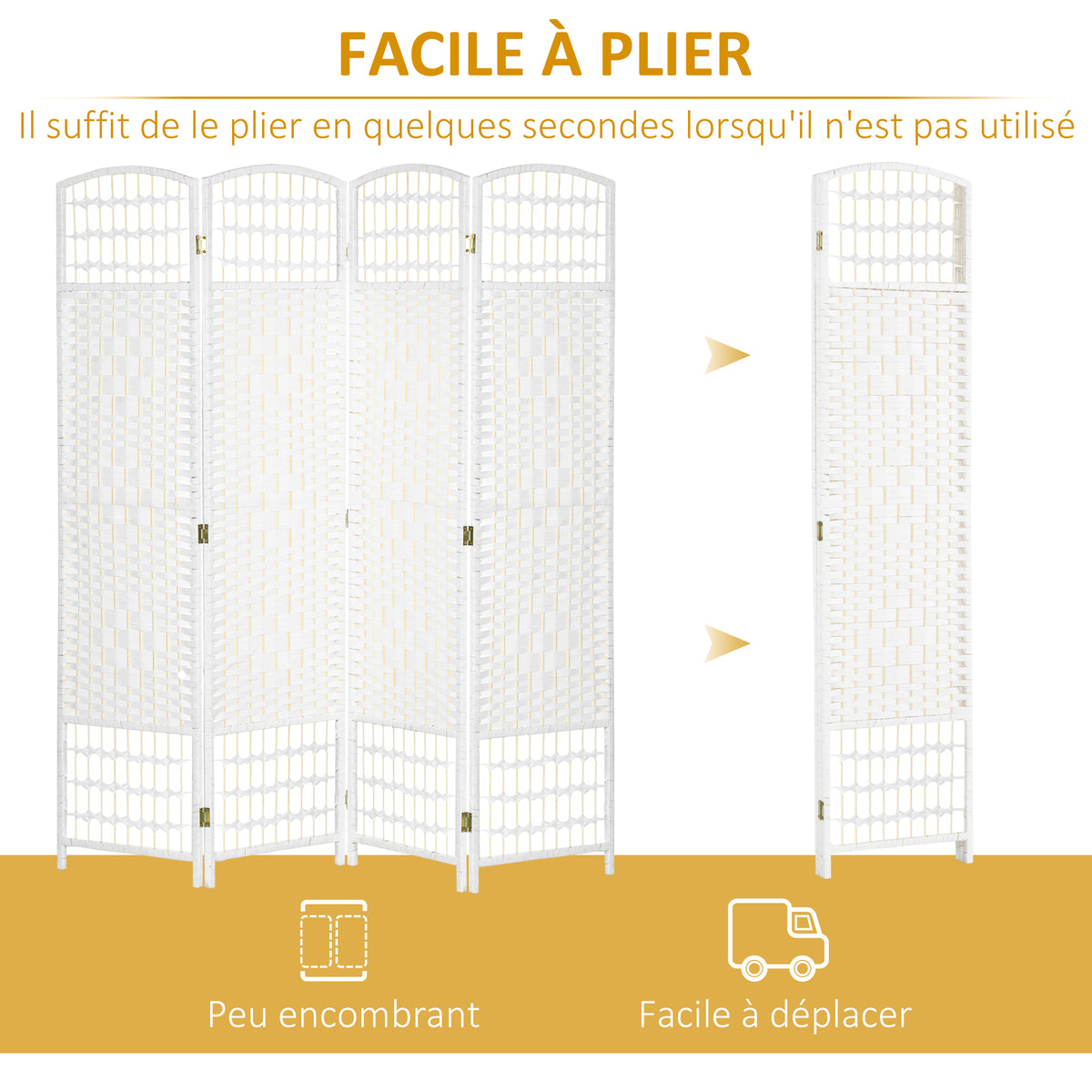 Paravent intérieur en bois séparateur de pièce cloison pliable 4 panneaux 160 x 170 cm blanc