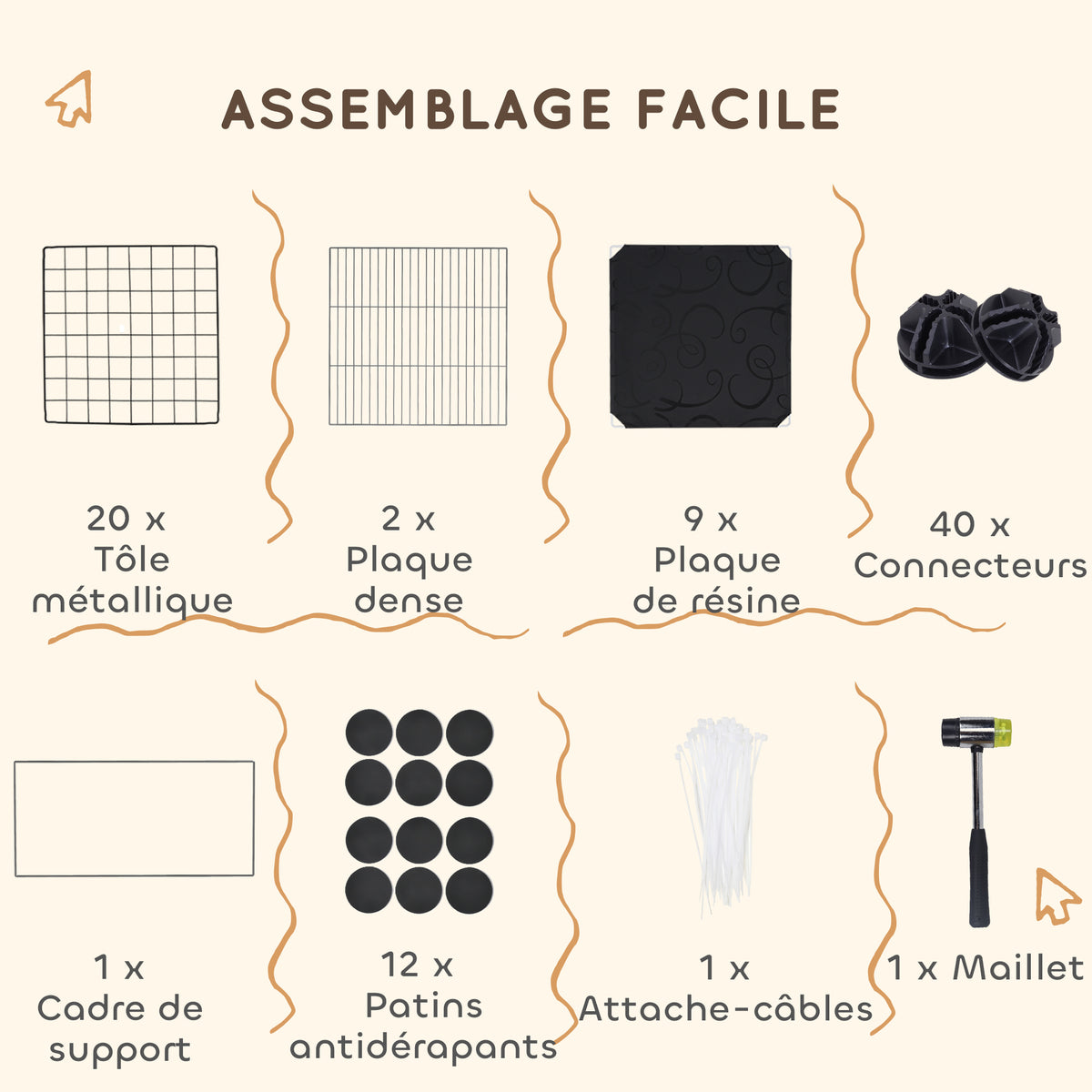Enclos pour petits animaux, cage à lapin modulable 31 panneaux avec niches surélevées, en acier, 140x70x52cm, noir