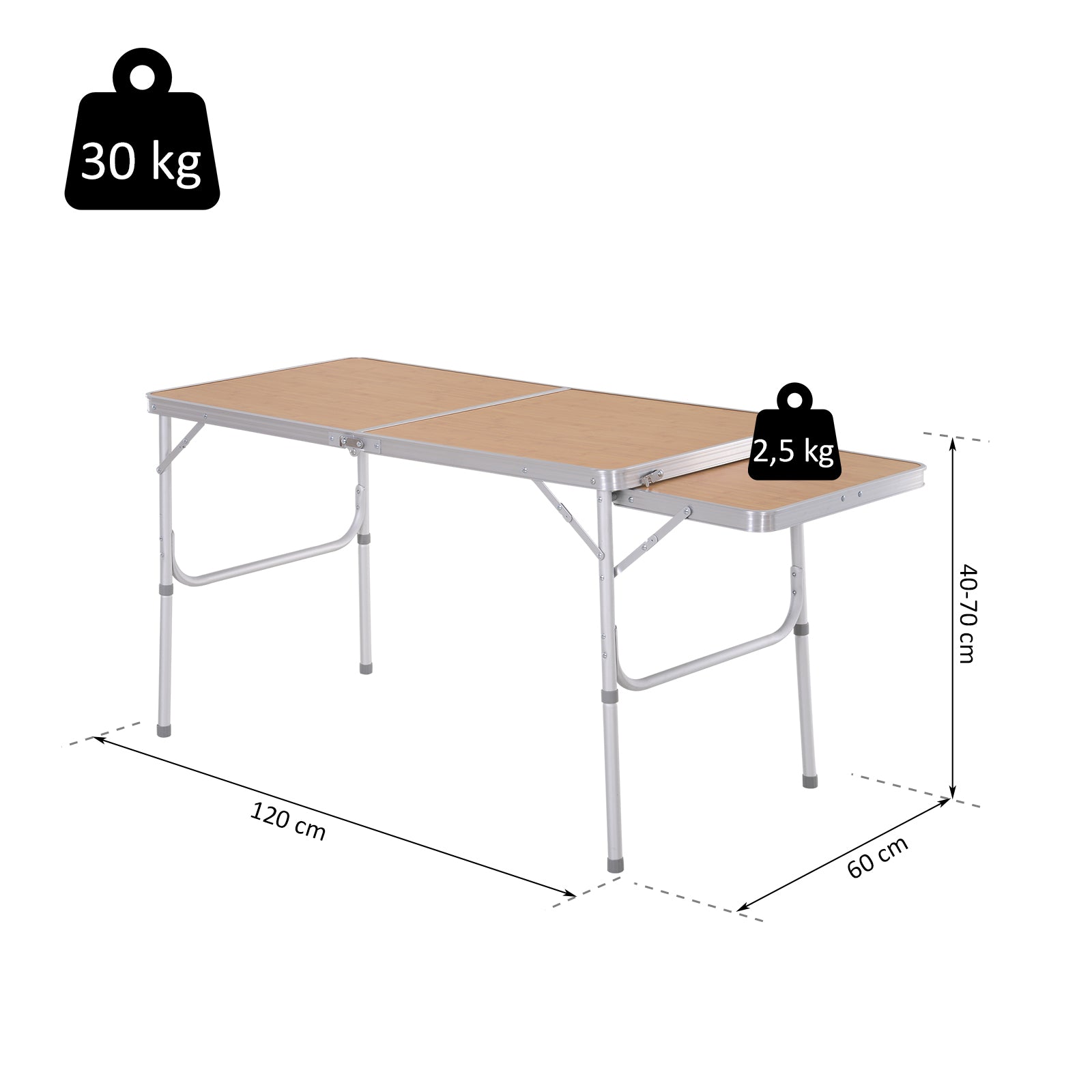 Table Pliante Table de Camping Table de Jardin avec rallonge Hauteur réglable Aluminium MDF Imitation Bambou